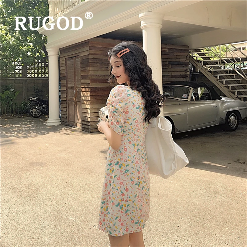 RUGOD Элегантный цветочный принт женское платье в Корейском стиле шик из шифона с