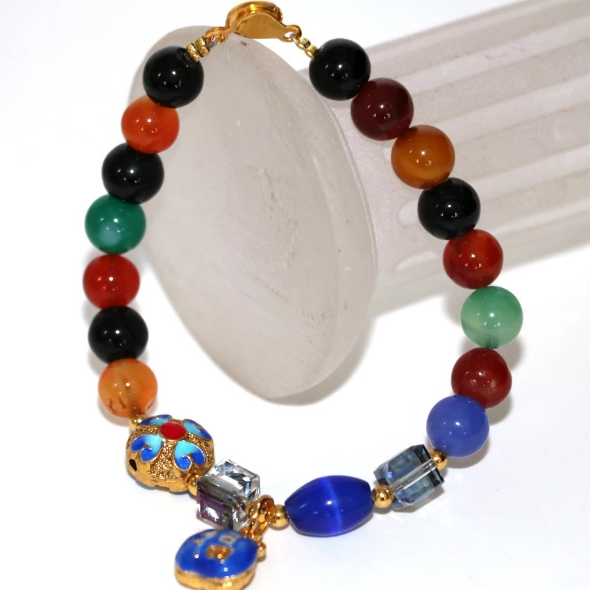

Bohemia style multicolor natural stone agat carnelian onyx 8mm round beads charms bracelet cloisonne women jewelry 7.5inch B2955