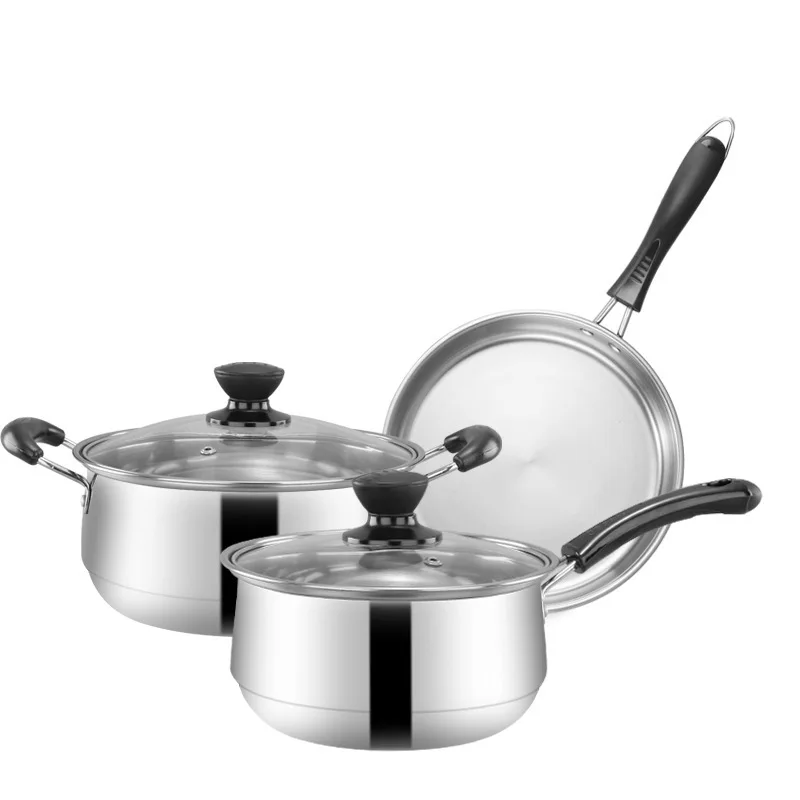 

3 PCS stainless steel set pot kitchen soup milk pot frying pan multi-function cookware