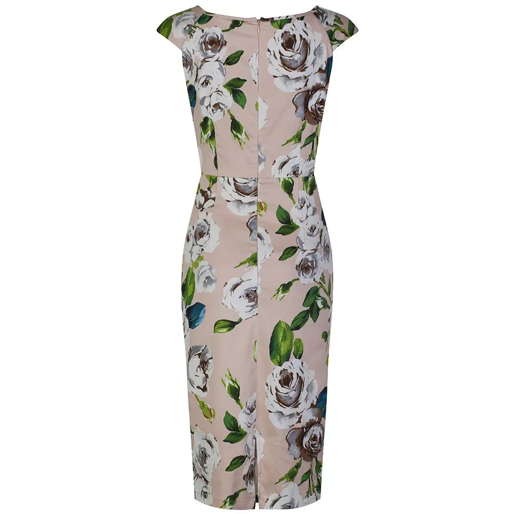 Летние женщины старинные 50 s розовый камелия ruched покачиваться карандаш dress плюс