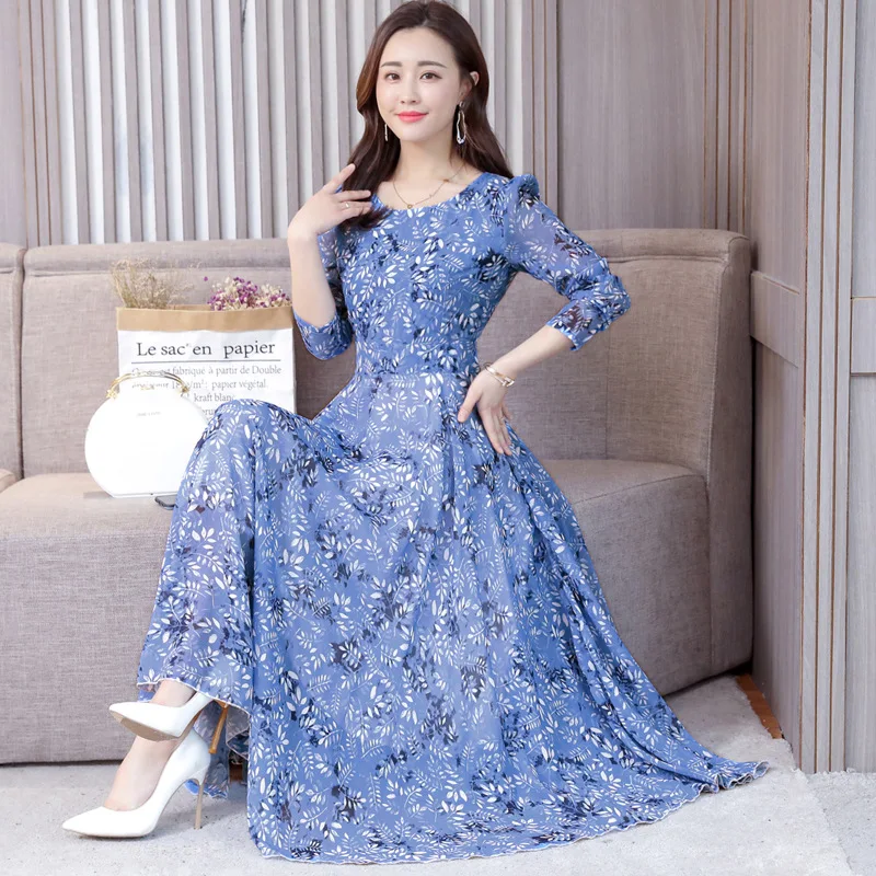 Летнее платье 2019 элегантное/офисное/с длинным рукавом/Макси/винтажное/длинное