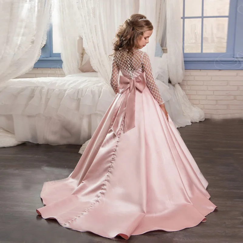 Vestido/платье для первого причастия детское платье с цветочным узором и бантом, Пышное Платье для принцессы розового цвета на свадьбу