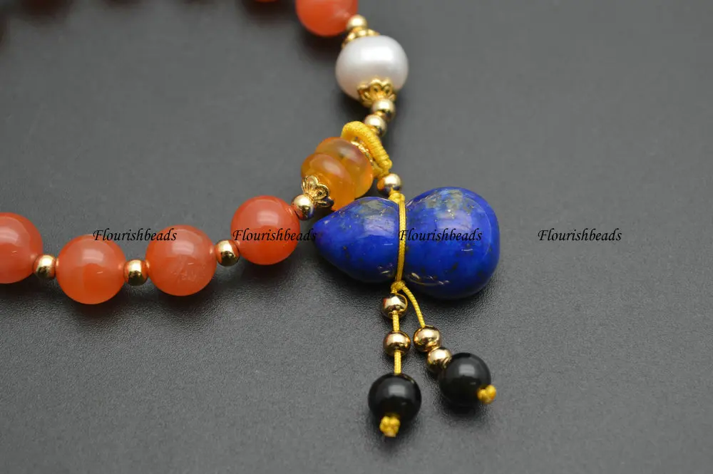 

1pc Natural Southern Red Agate Carnelian Round Beads Lapis Lazuli Calabash Stone Charm Stretch Bracelet Gift