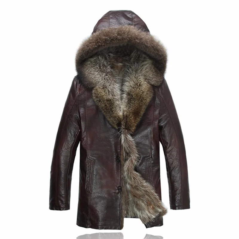 Зимнее пальто с мехом енота натуральное Мужское натуральным кожаные куртки