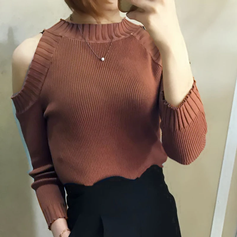 Женская Осенняя блузка с круглым вырезом и открытыми плечами облегающая цвета