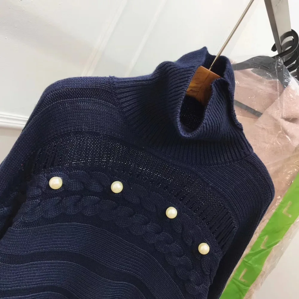 ALPHALMODA, осенне-зимний свитер с вырезами и жемчугом, сексуальный, прозрачный, с кисточками, скрученный узор, толстый, с высоким воротом, теплый джемпер
