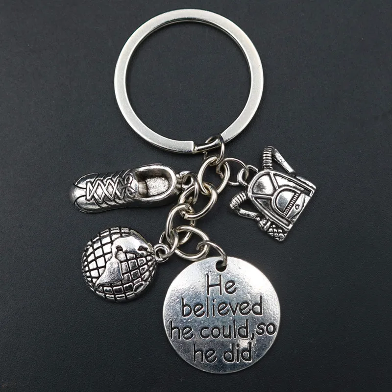 

1pc Silver Plated He Believe He Could So he Did Charm Sports Shoes & Backpack & Map keychain DIY Couple Backpacker key Chain