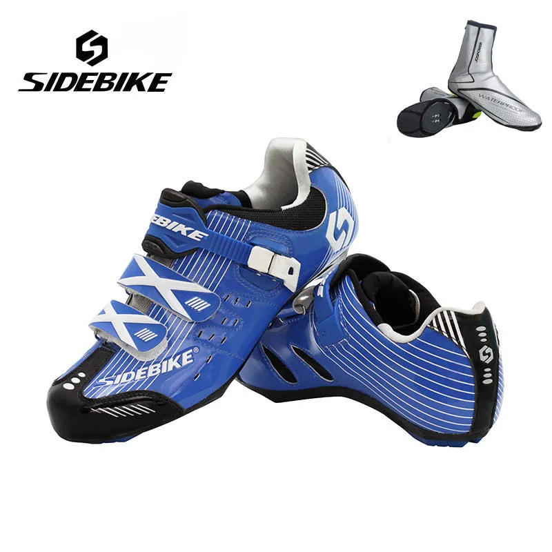 blue with overshoes SIDEBIKE профессиональные дорожные велосипедные ботинки мужские уличные спортивные кроссовки для велосипедиста самоблокирующиеся шоссейные велосипедные ботинки Zapatillas Ciclismo - Цвет: blue with overshoes