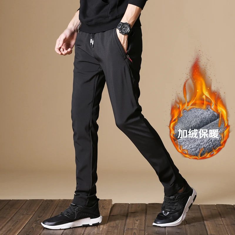 Black zipper pocket Новые зимние теплые мужские брюки с флисовой подкладкой, повседневные Стрейчевые спортивные брюки с эластичной резинкой на талии, узкие брюки с карманами на молнии, мужские спортивные штаны - Цвет: Black zipper pocket