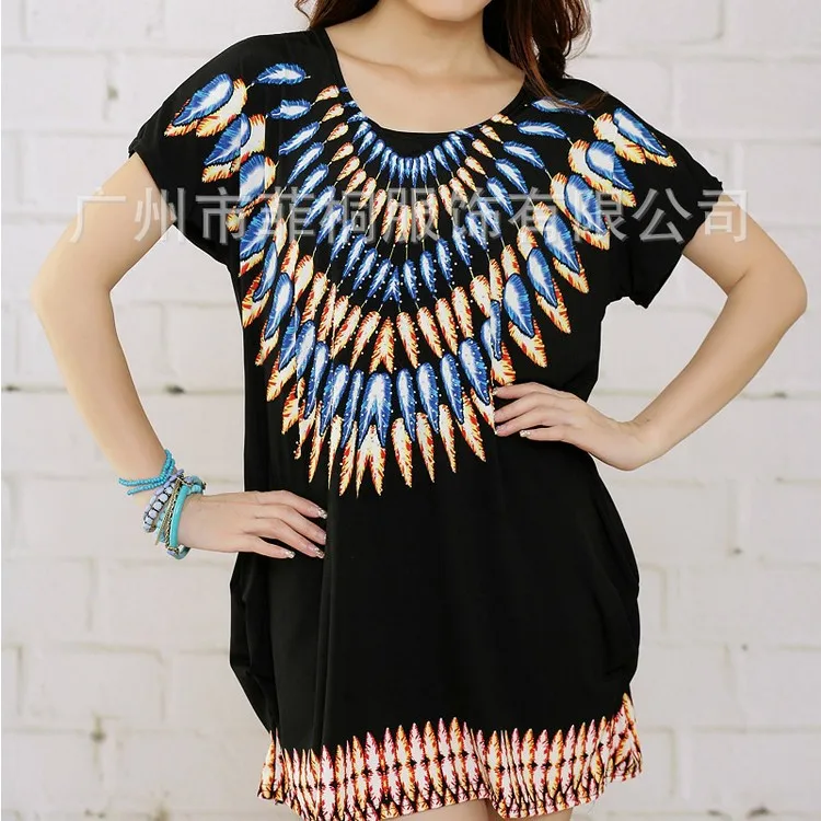 2013 New Arrival Women's Fall oversized national wind feather printed stretch cotton dress Crystal Hemp | Женская одежда