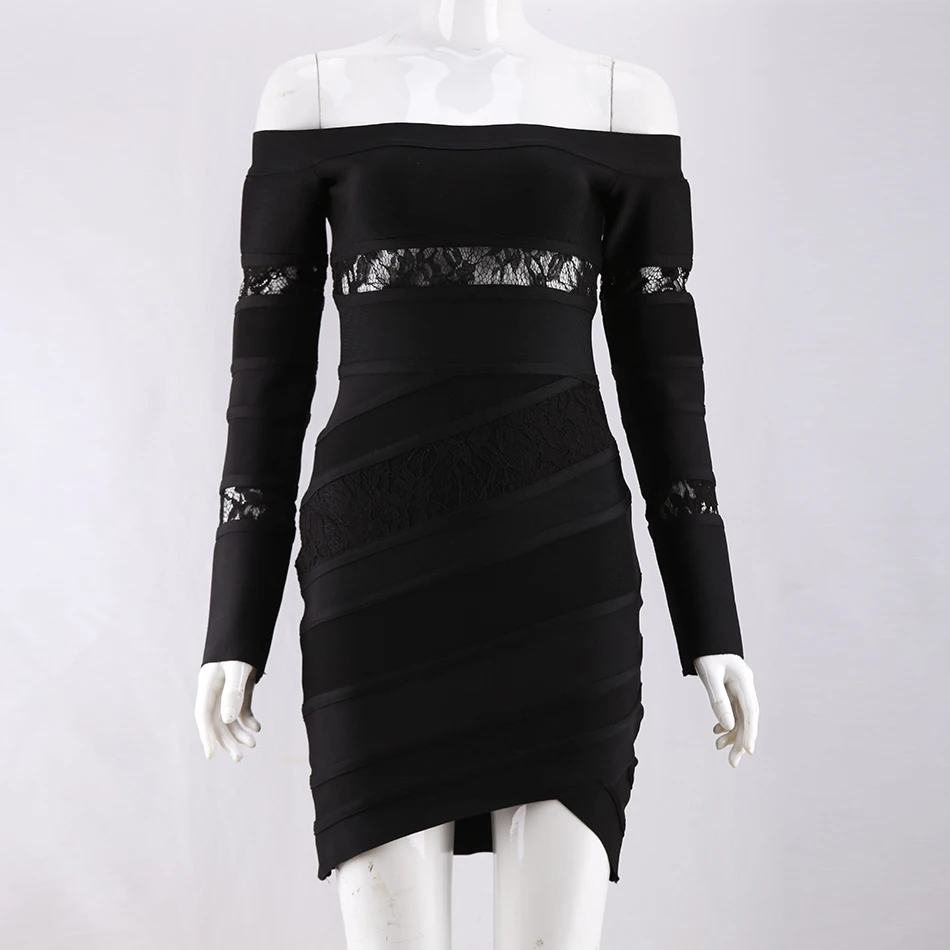 Modphy 2018 new Winter Hollow bandage dress black Long sleeve lace sexy mini club celebrity party dresses Vestidos | Женская одежда