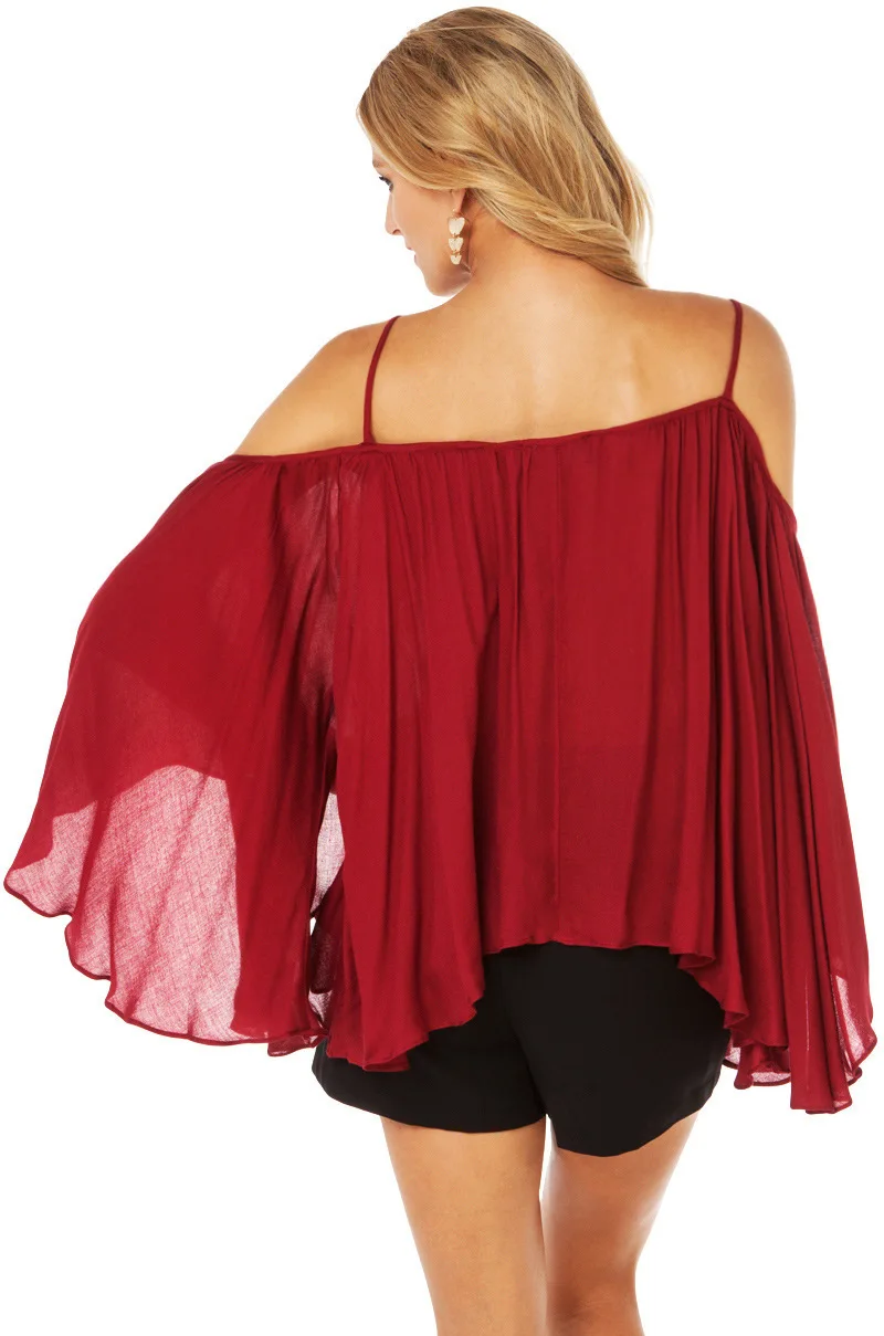 Women's Summer Blouses Off shoulder Flare sleeves Tops Female Wine Red Slash Neck Chiffon Ruffle Blouse And Shirts For Women |
