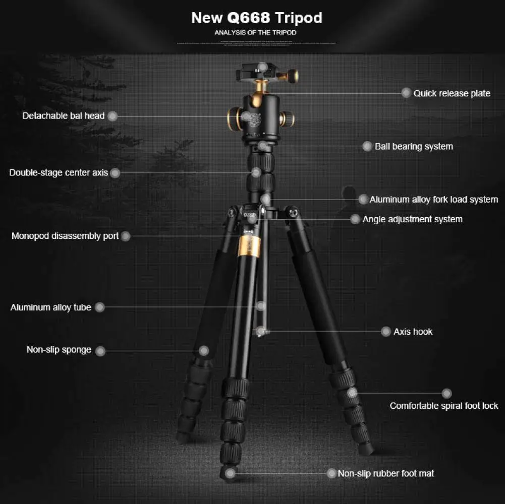 QZSD 2018 Новый Q668 60 дюймов Professional Портативный штатив для камеры DSLR шариковая головка