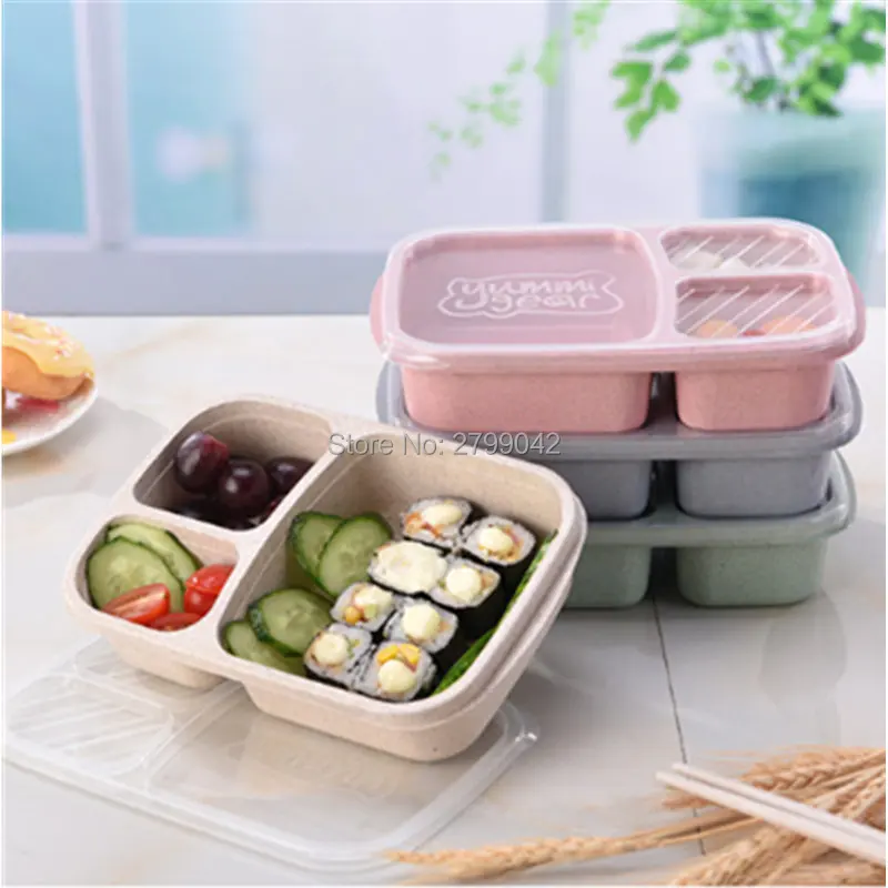 Ланч пшеничной соломы Bento Box 3 сетки с крышкой контейнер для микроволновой печи
