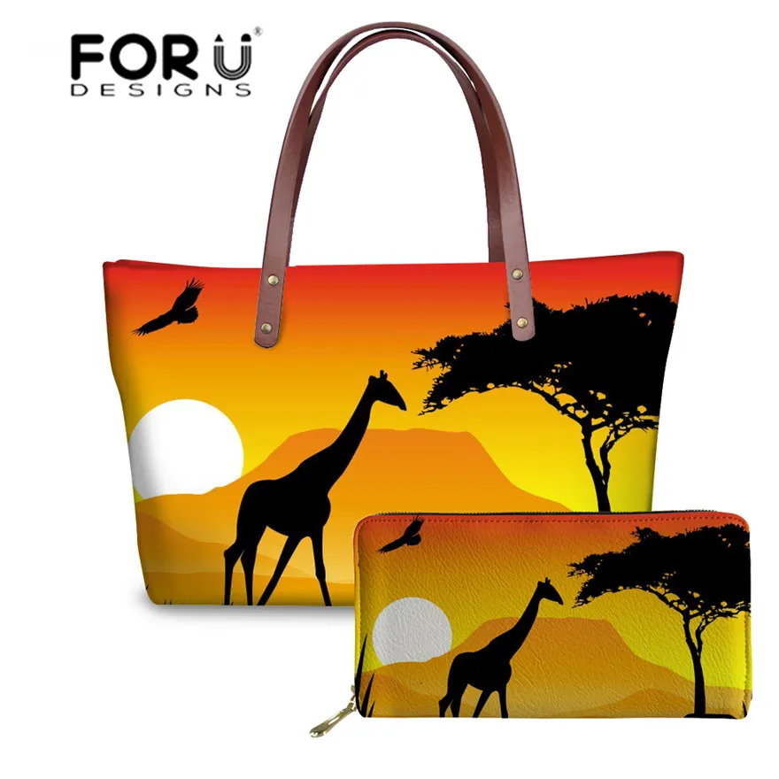 FORUDESIGNS 2 шт./компл. сумки и кошельки для женщин Африканские животные слон Закат
