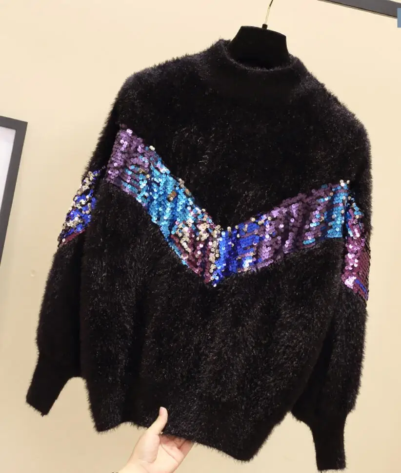 Женские свободные модные черно-белые вязаные свитера и пуловеры с пайетками для женщин; сезон осень-зима; женская трикотажная верхняя одежда; топы - Цвет: black