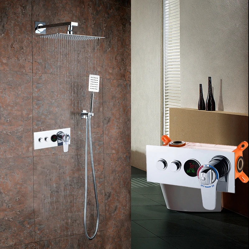 

BAKALA 304 Stainless Steel 8 10 12 inch Thermostatic Rain Shower Mixer LED Digital Display Wall Mounted Rainfall Shower Set 9812
