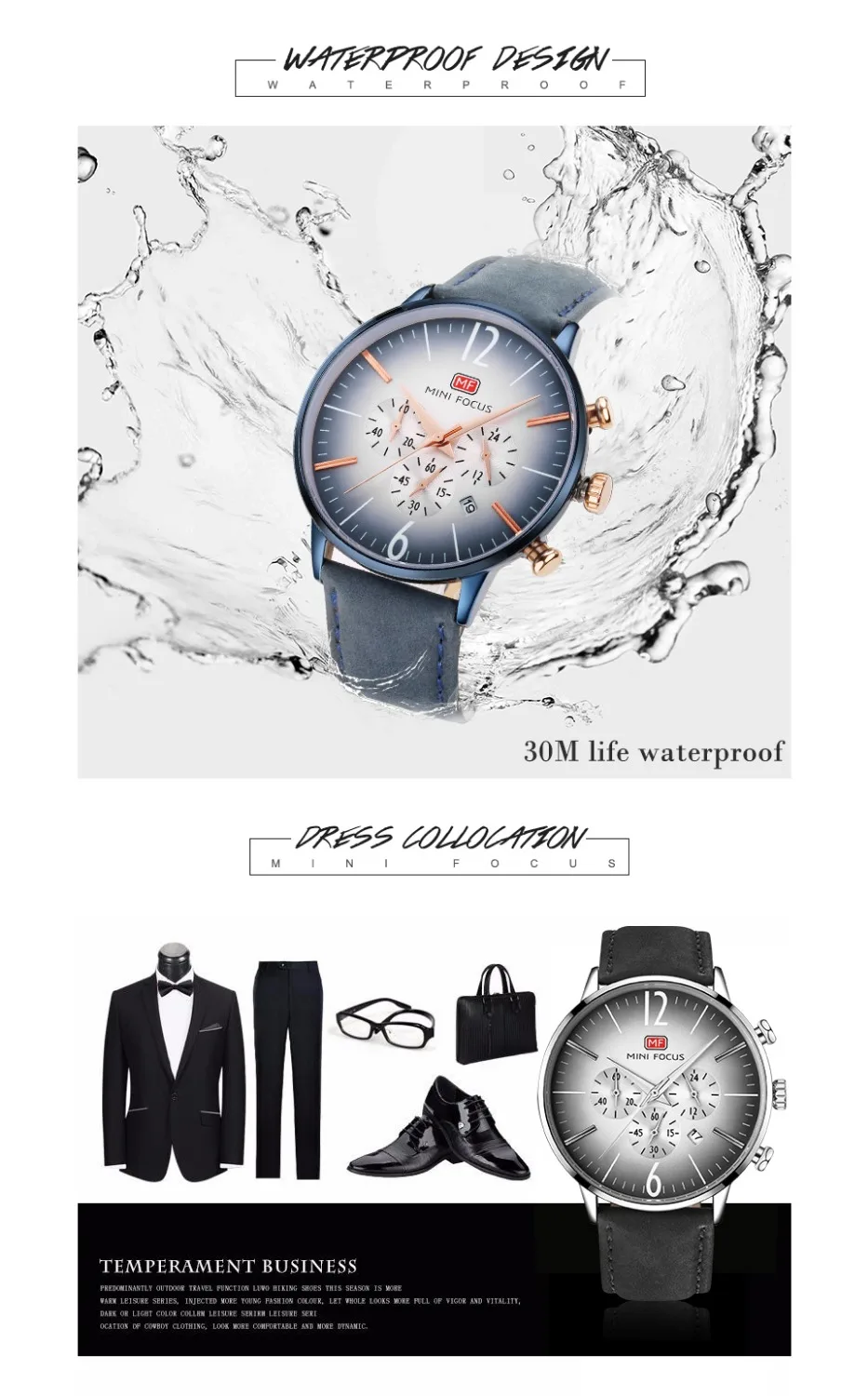 Модные спортивные кварцевые часы MINI FOCUS мужские с кожаным ремешком 3 циферблата 6