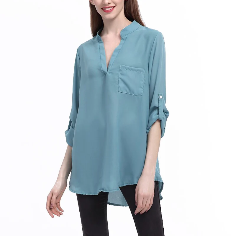 Женская шифоновая блузка свободная с длинным рукавом и треугольным вырезом|chemise