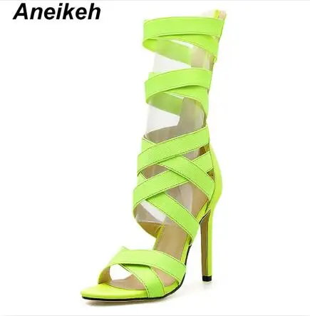Green Aneikeh/Новинка года; модные летние сапоги из эластичной ткани; женская обувь до середины икры на тонком высоком каблуке; Свадебная обувь на высоком каблуке с молнией; цвет черный, зеленый; Размеры 35-43 - Цвет: Green