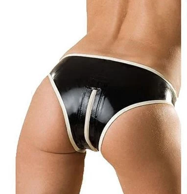 Сексуальные женские черные латексные трусики с молнией на промежности латексное