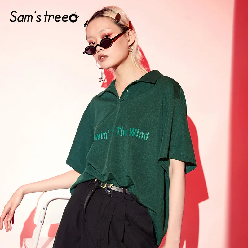 Samstree Белые Повседневные женские футболки с буквенным принтом летние винтажные Женские топы с отложным воротником модные офисные женские футболки