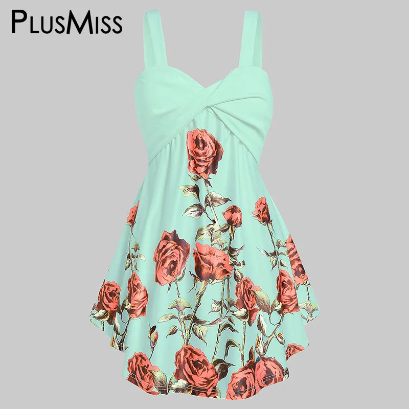 Бирюзовый PlusMiss размера плюс 5XL розового цвета с цветочным принтом платье-туника платье на бретельках топы, женская одежда больших Размеры XXXXL XXXL XXL лето белый жилет в стиле бохо платье на бретелях - Цвет: Бирюзовый