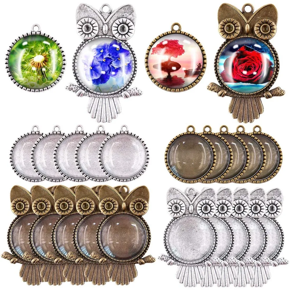 48Pcs Pendant Trays Kit 12Pcs Owl Pendant Trays 12Pcs Tree Bezel Pendant Trays 24Pcs Glass Cabochon Dome for Jewelry Making Gift