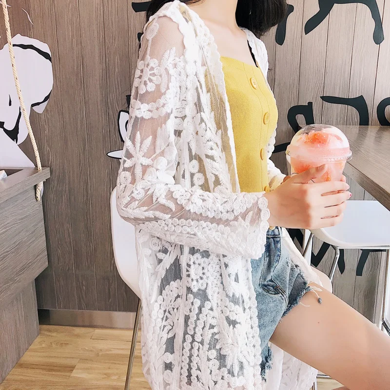 Женский пляжный кардиган с длинным рукавом белый кружевной кимоно вышивкой на