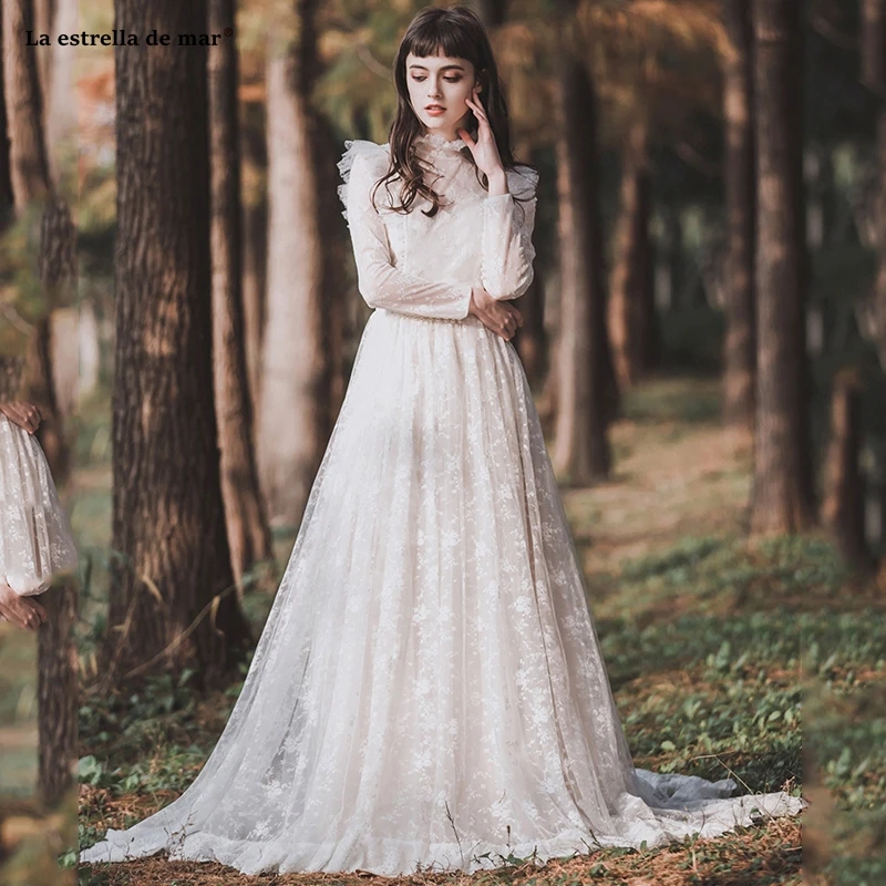 Abiti da sposa2019 Новое кружевное платье с высоким воротом и длинными рукавами трапециевидной формы цвета слоновой кости свадебное платье в стиле бохо со шлейфом brautkleid Ретро накидка de mariee