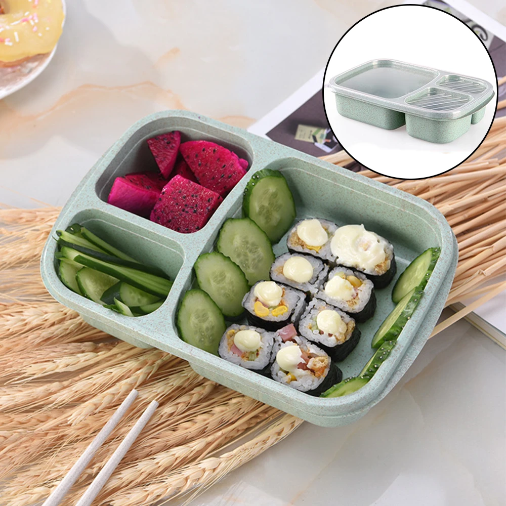 Bento Box с крышкой 3 сетки Пшеничная солома микроволновая пищевая коробка
