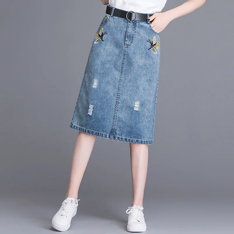 

Женская джинсовая юбка с дырками, длинная ковбойская юбка с высокой талией, большие размеры, весна-лето 1280-2019