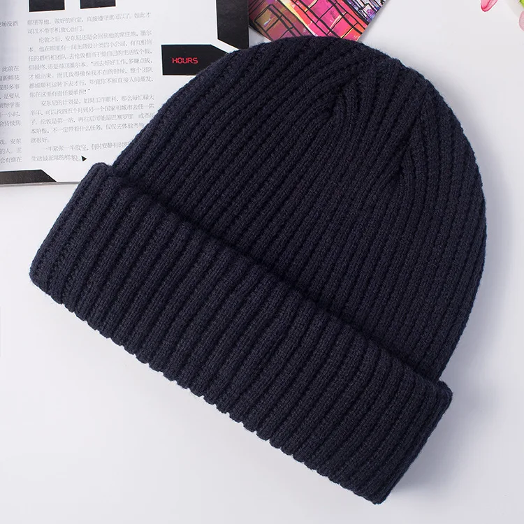 dark blue Зимние милые шапки для женщин, мужские шапочки, модные толстые вязаные шапки, твердая шляпа осенний нагреватель, Повседневные вязаные шапки, новинка - Цвет: dark blue