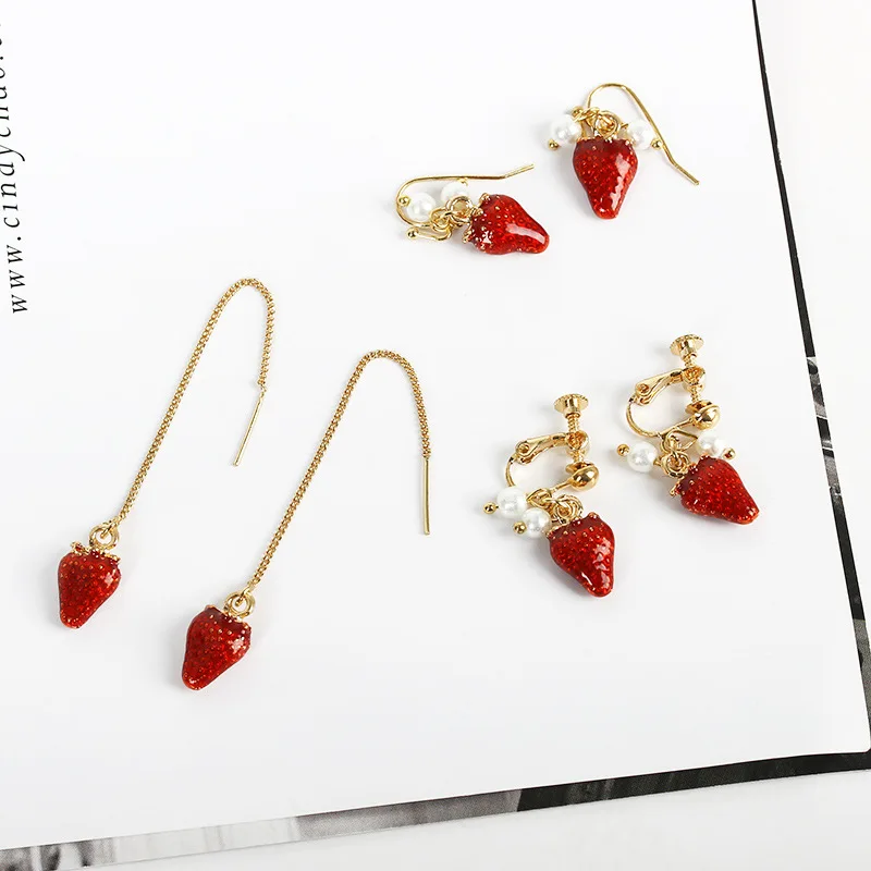 

Vivid Hot Red Strawberry Fruit 3 Kinds Golden Hook Chain & Clip Women Dangle Earrings Drop Earrings