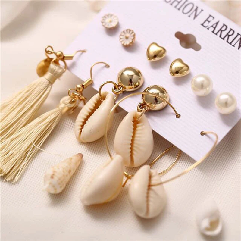 6-piece Set Design Bohemian Wind Natural Shell Earrings Ear Paired wWth Girl 2019 Fashion Female Jewelry Gifts | Украшения и
