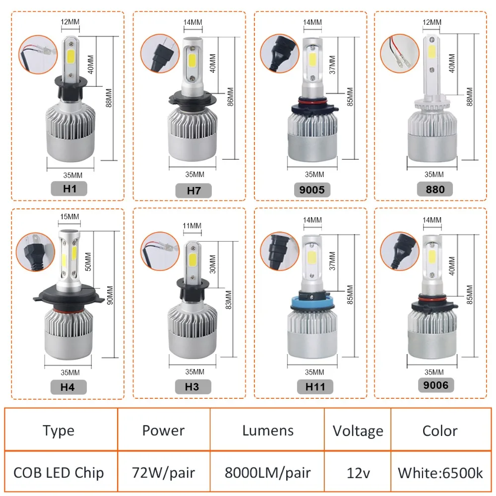 H1 H7 Led автомобилей головной светильник 8000LM H4 H11 лампы для HB3 9005 HB4 9006 H3 9012 72 Вт