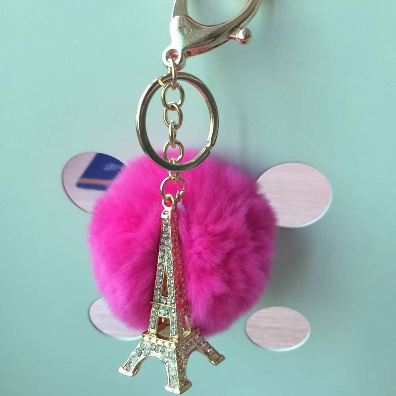 

Fluffy Ball Keychain Real Rabbit Fur Excelent Quality DIy Paris Eiffel Tower For Women key ring EH631