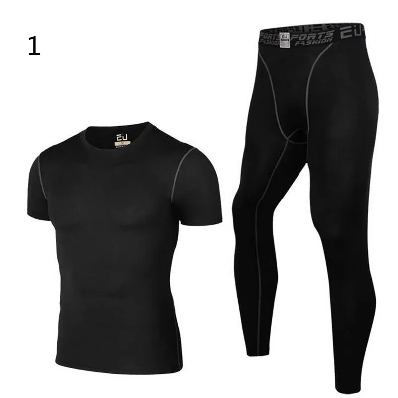 Fitness Men Sets Pure black Compression Shirts and Leggings Base Layer Long Sleeve T Shirt Clothing Set | Мужская одежда