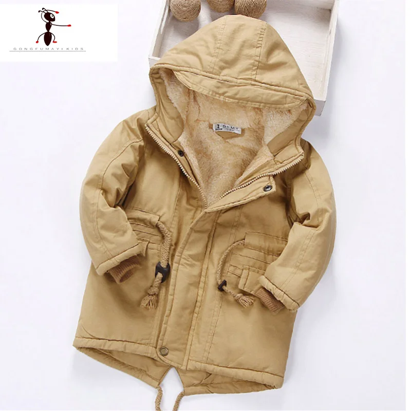 Зимние детские хлопковые меховые плисовые куртки с капюшоном и длинным рукавом