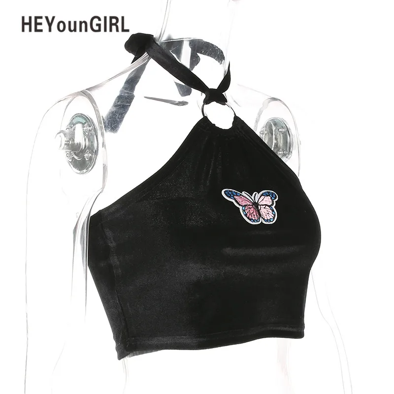 HEYounGIRL, топ с бретельками на шее, сексуальные топы с принтом, без бретелек, Бюстгальтер-бандо, летний укороченный черный, милый, с открытыми плечами, для женщин, Клубная одежда, вечерние
