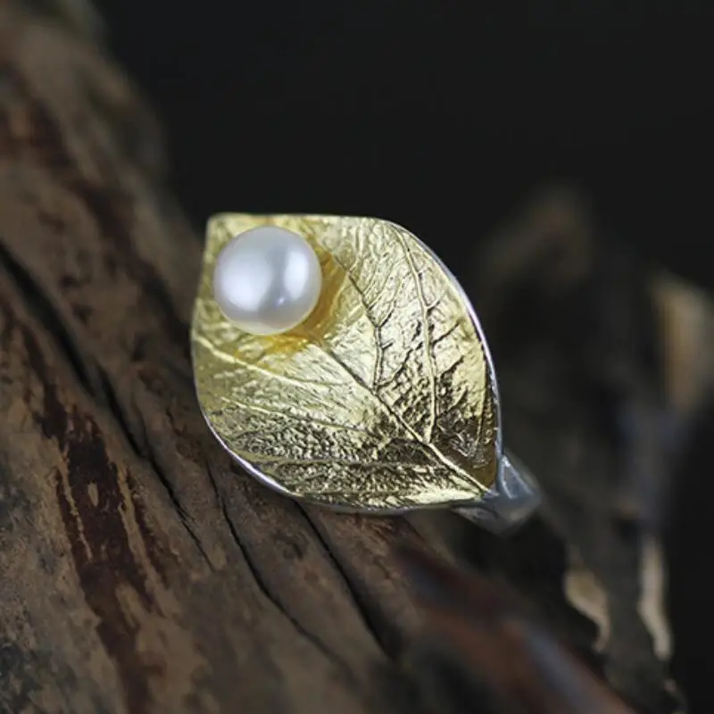 Gold INATURE 925 пробы серебряные ювелирные изделия из натурального жемчуга винтажные кольца в виде листьев для женщин регулируемое кольцо - Цвет основного камня: Gold