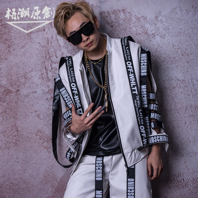 

Novelty Fashion Man white PU hollow baseball Jacket Costumes Nightclub male singer DJ hairdresser bar stage show dance costume