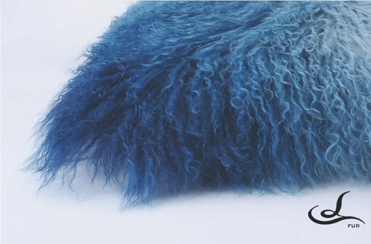 

Real sheepskin curly fur cushion, gradational blue Tibet sheep curly fur pillow for furniture upholstery,red fur seat cushion