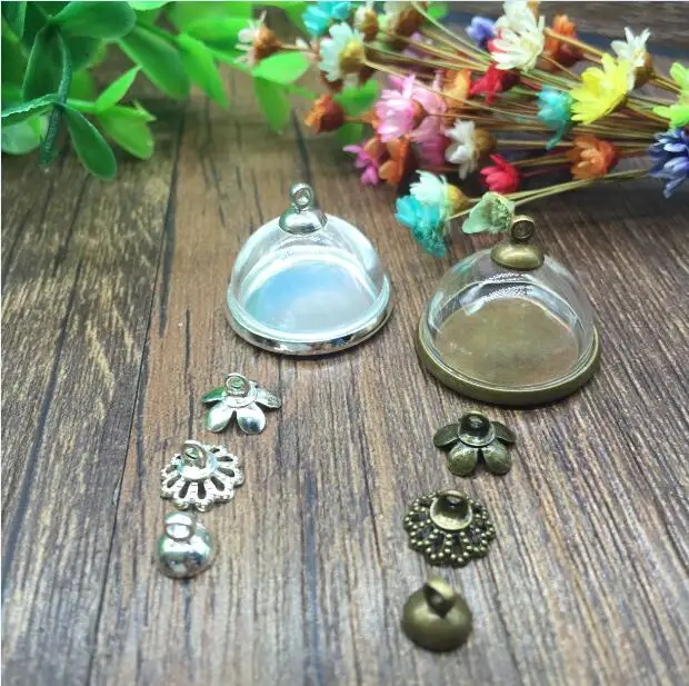

100sets/lot 20mm clear glass dome bronze/silver plated round tray bead cap setting diy jewelry necklace vial pendants making