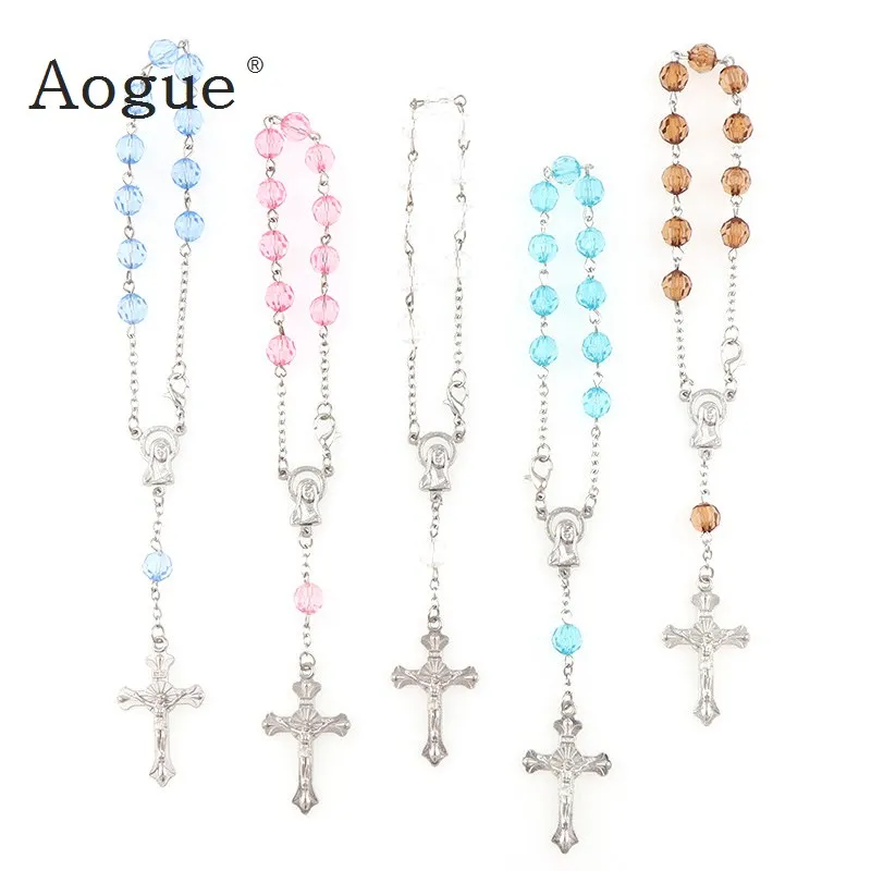 

7mm Faceted Acrylic Beads Rosary Bracelet With Silver Lobster Made Metal Maria Center & Jesus Crucifix Cross Pendants