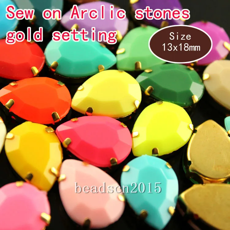 

20pcs 13x18mm teardrop solid candy acrylic sew on stones with gold base setting flat Back acrylic rhinestones with holes
