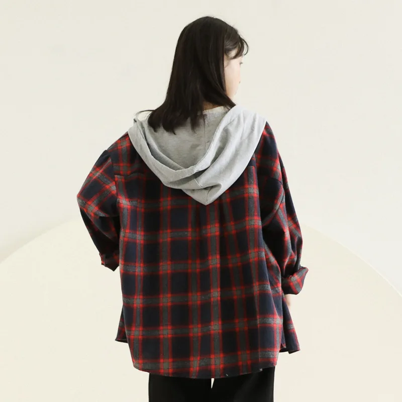 Womens Tops and Blouses Autumn Winter Vintage Plaid Long sleeve Shirt women Harajuku Hooded Shirts Plus size Female Blouse GP832 |