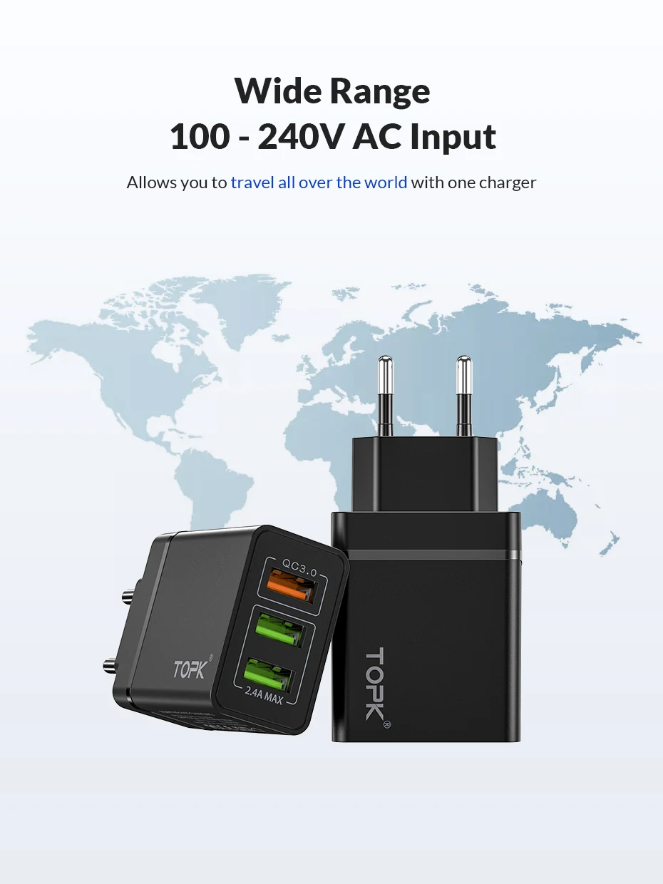 TOPK B348Q Quick Charge 3,0 USB зарядное устройство QC3.0 Быстрая зарядка мульти зарядное устройство для samsung S10 Xiaomi Mi9 дорожное настенное зарядное устройство для телефона
