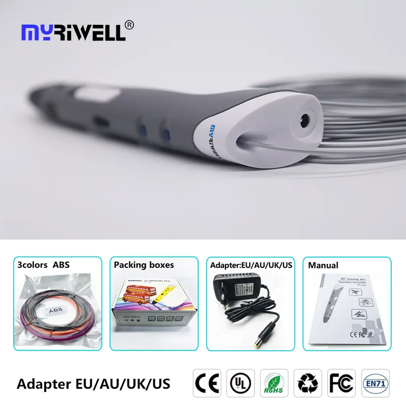 only gray pen Myriwell magic 3d Pen3 d ручка для принтера и 50 м красивый цвет PLA нити подарок на день рождения ребенка/Рождественский подарок+ 10 узор - Цвет: only gray pen