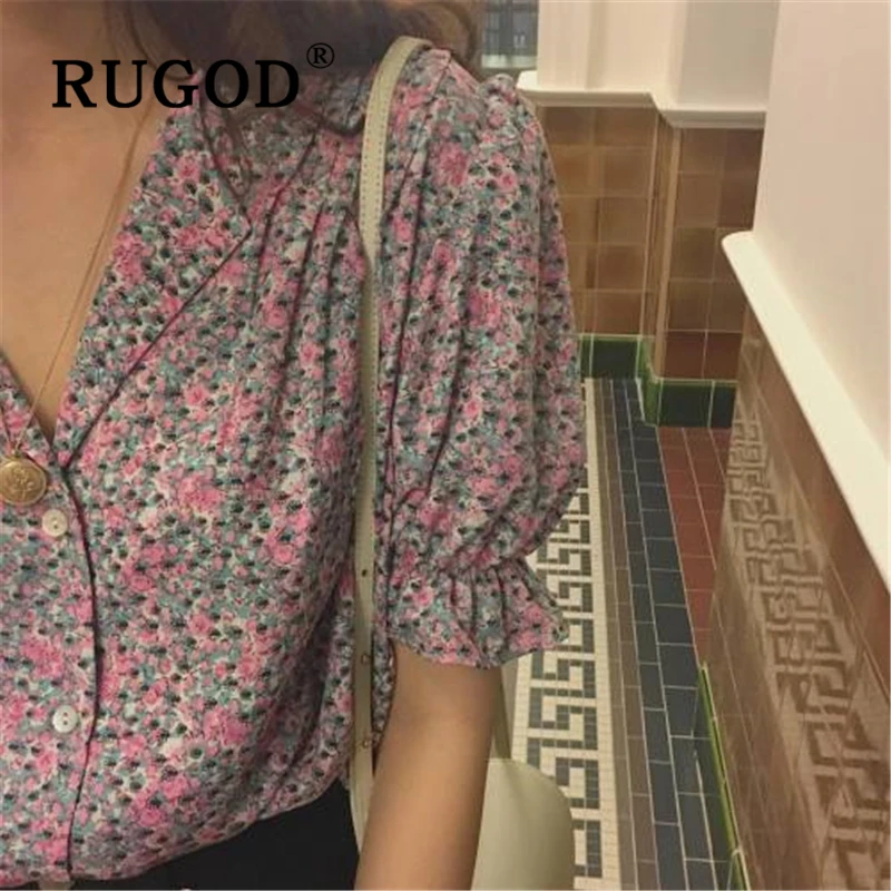 RUGOD элегантная шифоновая женская блузка с принтом корейские шикарные рукава-клеш